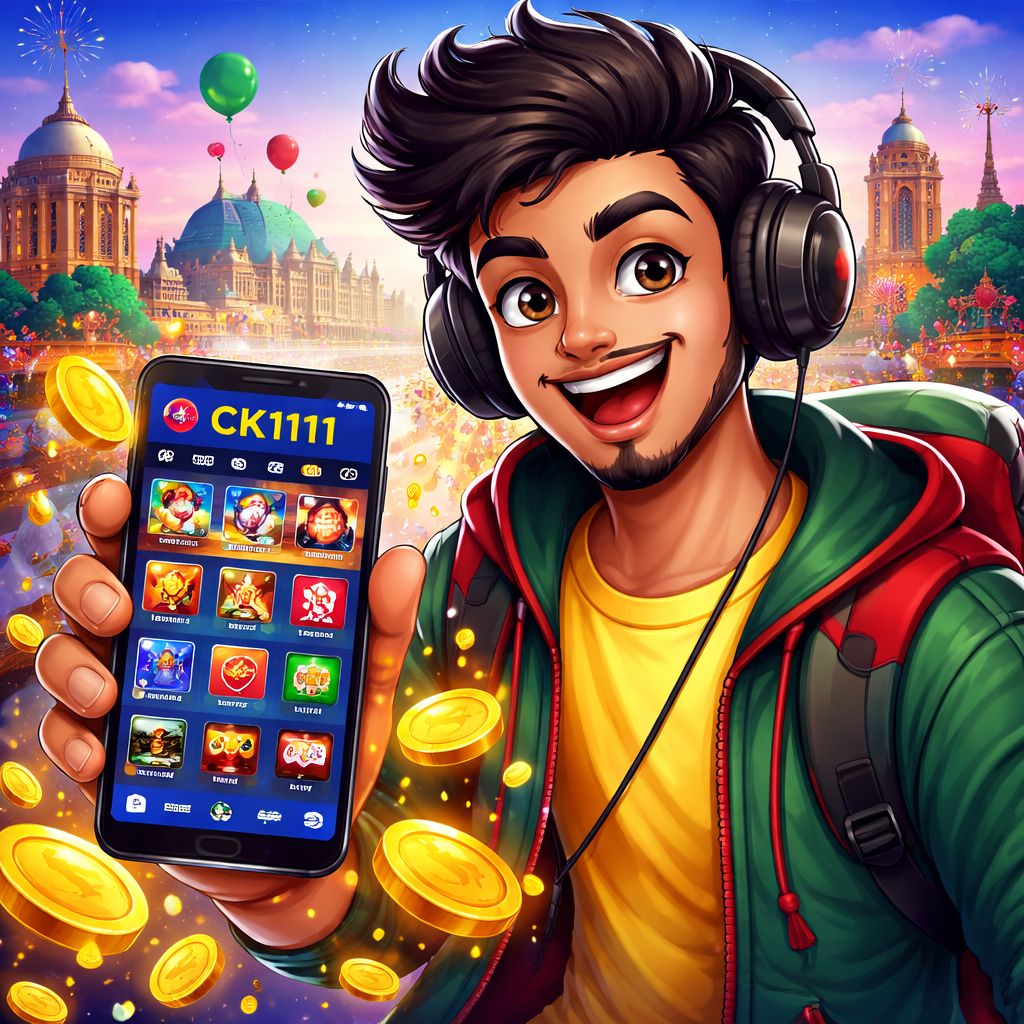 Cartoon Bangladeshi player using the CK1111 App on an Android phone with coins and casino lights