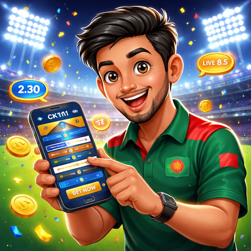 Cartoon Bangladeshi sports bettor using a mobile app with stadium lights and coins