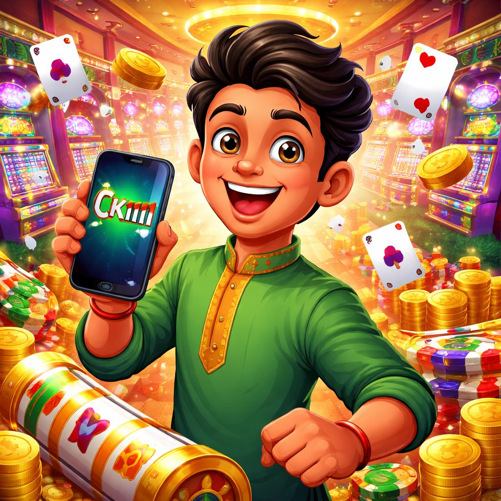 CK1111 Casino cartoon hero with a smiling player, cards, chips, and a mobile phone