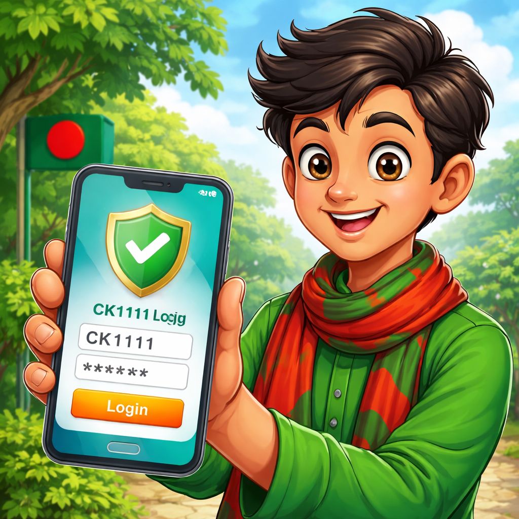 CK1111 Login cartoon character holding a smartphone with secure access symbols