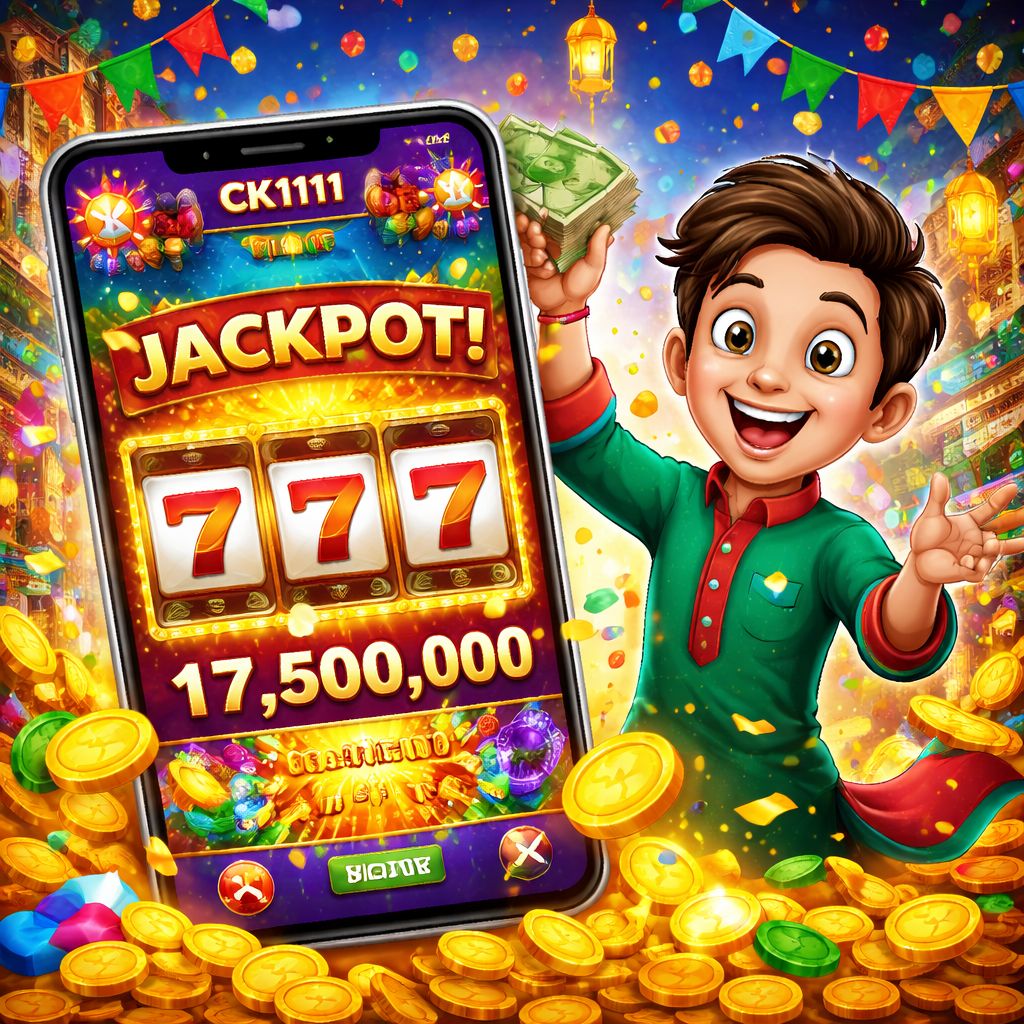 CK1111 Slots cartoon character celebrating a jackpot on a mobile slot machine with coins